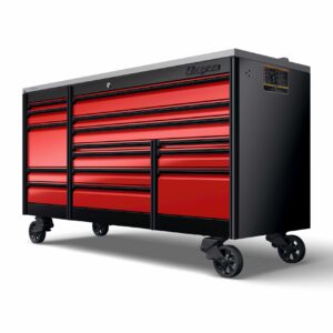 84" 15-Drawer Triple-Bank EPIQ™ Series Stainless Steel PowerTop™ with LED Light Roll Cab with PowerDrawer (Gloss Black Case, Candy Apple Red Drawers with Black Trim)