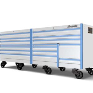 120" 16 Drawer Three Bank EPIQ™ Series Roll Cab with PowerDrawer and SpeeDrawer (White with Sky Blue Trim)